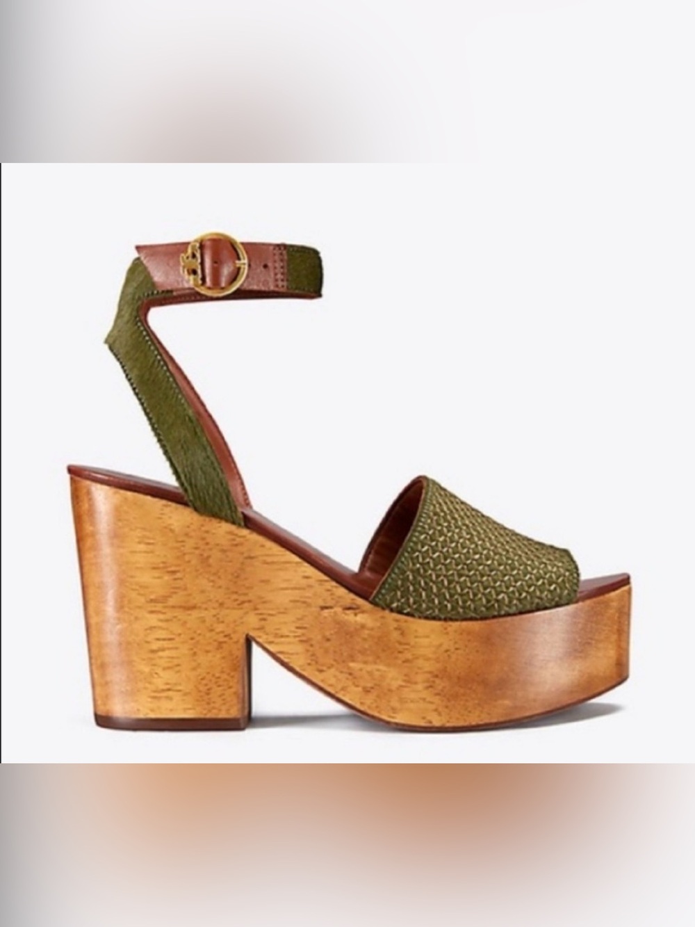 Retro style Tory Burch Olive Green Platform Sandal with Wooden Heel Bohochic